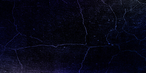 Blue dark grunge background. Concrete wall texture with cracks, large and small grain scratches and damage. Desktop design, website banner. Big, wide, rough colorful, mix, distress template, pattern