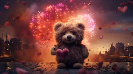 Foto op Canvas A teddy bear with heart-shaped fireworks, "Love's explosion." © contributor  gallery