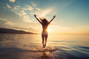 Fototapeta na wymiar Joyful Leap: Young Woman Enjoying Vacation by Water