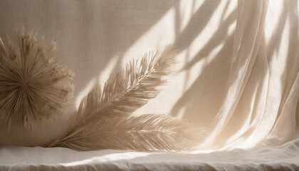 elegant neutral beige pastel summer boho wedding background linen textile texture with abstract sun light shadows