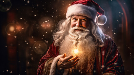 Fototapeta premium portrait of a cheerful Santa Claus, new year, christmas, symbol, eve, celebration, holiday, postcard, Saint Nicholas, face, eyes, beard, hat, red suit, snow, lights, magic, fairy tale, black, winter