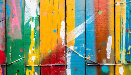 colorful graffiti paint on wood panels close up