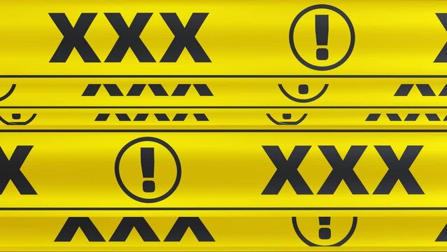 XXX!. Yellow warning tapes in motion. Yellow warning tapes with black inscription "XXX!". 4K seamless looping videos