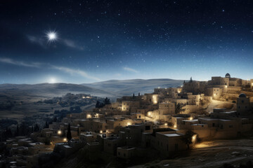 Christmas star over city of Bethlehem. Nativity story. Birth of Jesus Christ. Beautiful dark blue starry sky and bright star background