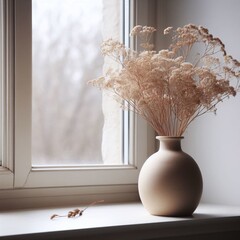 white vase with dried flowers on a white windowsill