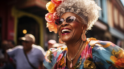 Portrait of a happy laughing elderly African-American woman in bright eccentric clothes at a street...