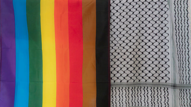 LGBT flag along with Palestinian Keffiyeh (kufiyya, ghutrah, shemagh), the symbol of LGBTQ movement and Palestine resistance movement. 