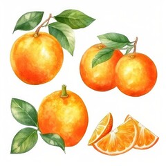 set orange citrus of watercolors on white background