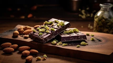 Foto op Plexiglas Chocolate bar with almond and pistachios © Simone