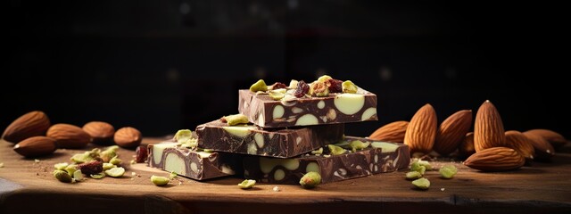 Chocolate bar with almond and pistachios