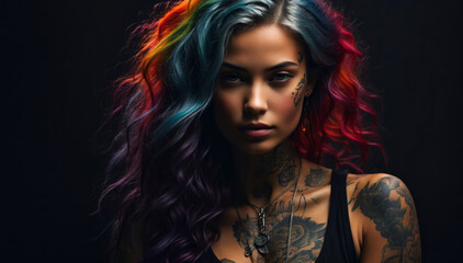 Naklejka na ściany i meble A beautiful woman with colorful hair and tattoos on her body and face.