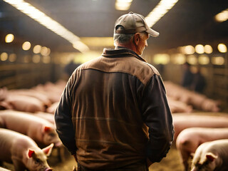 Rear view of male farmer wearing trucker's hat on pig farm, generative ai illustration