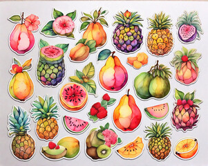 Colorful collection of pastel colored assorted juicy fruit stickers, generative ai illustration