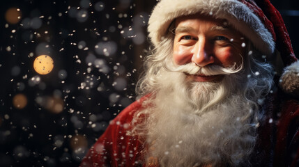 portrait of a cheerful Santa Claus, new year, christmas, symbol, eve, celebration, holiday, postcard, Saint Nicholas, face, eyes, beard, hat, red suit, snow, lights, magic, fairy tale, black, winter