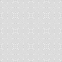 Seamless surface pattern with stylized symmetrical flowers ornament. Decorative floral panel motif. Grey figures abstract on white background. Digital paper for web design. Vector art illustration