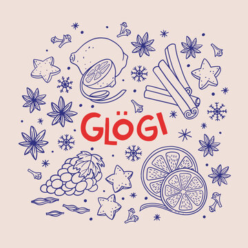 "Gl&ouml;gi" inscription in Finnish and set of ingredients in linear style. Karitsa, orange slices, grapes, star anise, cardamom. Traditional drink for the winter holiday, Christmas and New Year.