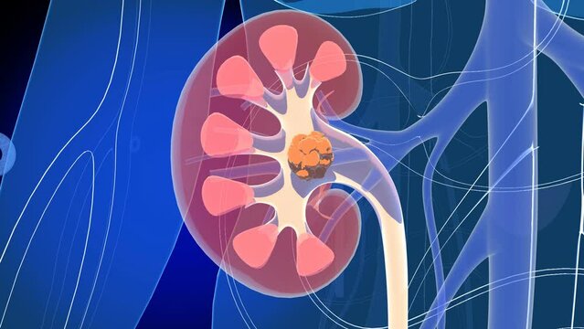 Anatomical 3D animation of the interior of the kidney showing kidney stones. And the action of disintegrating them with treatment into smaller stones and being evacuated through the urethra.