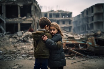 children embraced in great fear for having lost everything in the war,