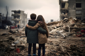 children hugging each other with their backs to the devastation of their city due to the war, loneliness. - obrazy, fototapety, plakaty