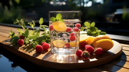 Glass of water with lemon and raspberries on wooden table