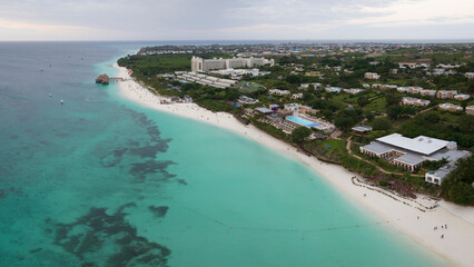 Amazing aerial view of coastline and turquoise ocean in zanzibar at cloudy day, Zanzibar, Tanzania.