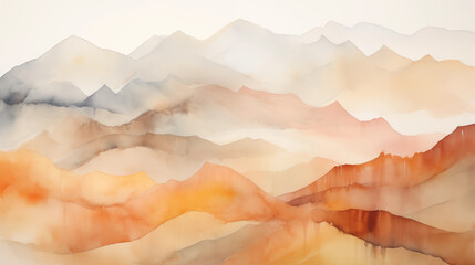 A Japanese-inspired watercolor painting features a mountain range and sand dunes in a golden sunset. High quality illustration.