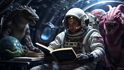 An astronaut reads a book surrounded by aliens.