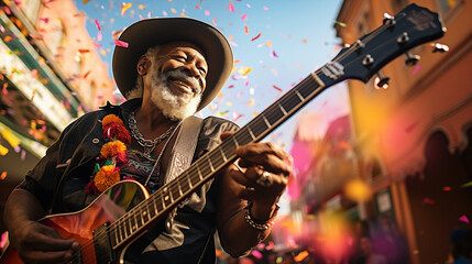 Obraz premium An African-American elderly talented musician plays the electric guitar on a bright street of a southern city