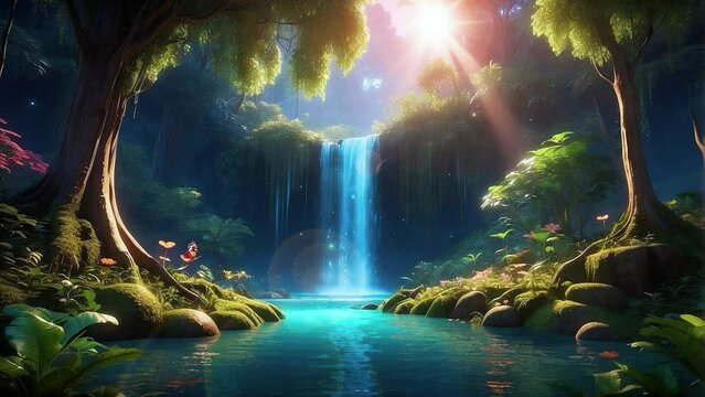 As the sun sets over the enchanted forest, a waterfall cascades down from the mountain, Lofi animation