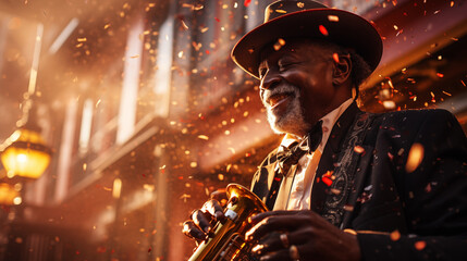 An elderly talented African-American jazz musician feels satisfaction and joy after playing the saxophone - obrazy, fototapety, plakaty