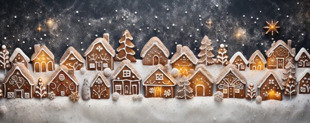 Top view of many gingerbread house christmas cookies, baking panorama banner. Generative Ai.