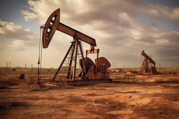 Extraction pumps in an oil field at dusk. Generative AI.