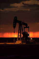 Extraction pumps in an oil field at dusk. Generative AI.