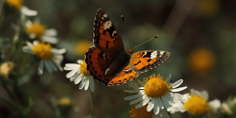 Fototapeta na wymiar Butterfly drinking among colorful flowers. Generative AI.