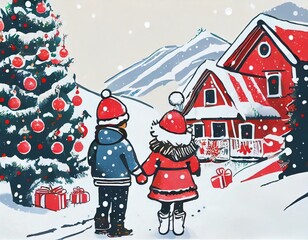 christmas tree and snow with children and village