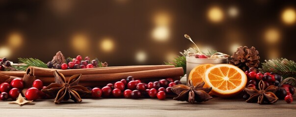 Minimalist christmas ingredients panorama in banner winter style.. Generative Ai.