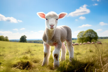 A lamb standing in a green grassy field and clouds against the blue skies. Innocence and sacrifice concept. No people - obrazy, fototapety, plakaty