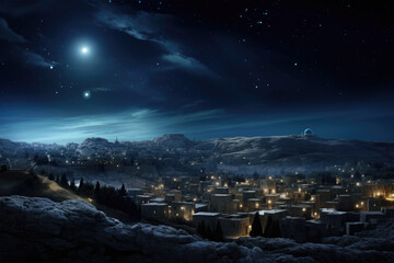 Christmas star over city of Bethlehem. Nativity story. Birth of Jesus Christ. Beautiful dark blue...