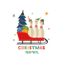 Christmas holiday bowling fancy vector icon. Bowling ball, funny pin, Elf hat cartoon design element. Bowl club x-mas holidays invitation template. Christmas bowl party event background illustration
