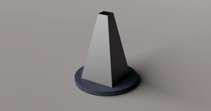 A mock-up of a street fireplace in the form of a truncated pyramid with a chimney in the upper section with a burning fire inside, camera rotation for viewing from all sides, 3d rendering