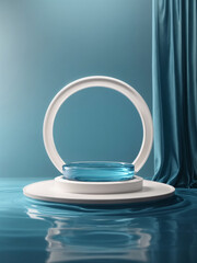 3D Rendered Feminine Scene with Blue Podium and Silk Cloth in Motion