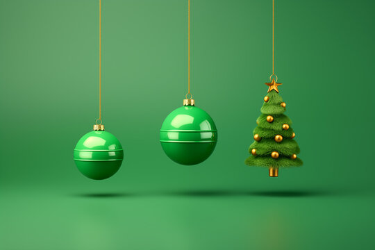 3D different hanging Christmas tree green baubles and tree toy in isolated background. 
