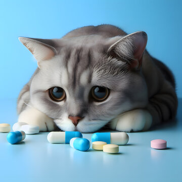 Cute sick sad cat is lying down and looking at the pills. Blue background