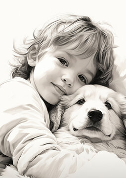 Child and puppy pencil  Darw ,illustration 