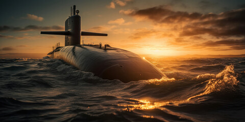 Nuclear submarine, sailing at sunset. Generative AI.
