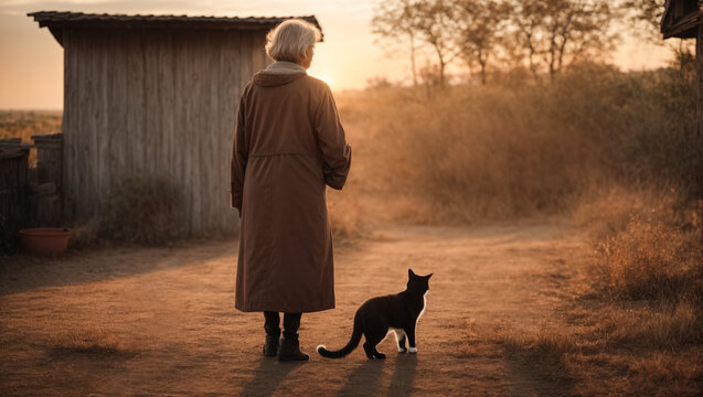 Older Woman In A Coat Walks Along A Country Road With Her Black Cat At Sunset In Winter. Generated With AI. 