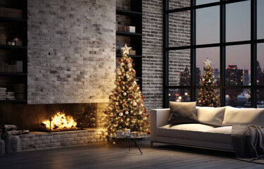 Modern interior with decorated Christmas tree and fireplace