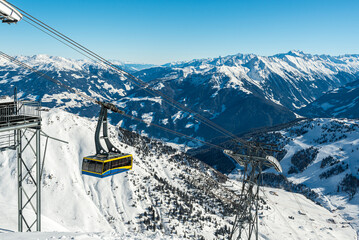 End station of an overhead cable car (160er Tux) with a panorama of European Alps in the...