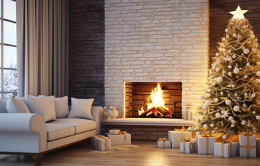 Modern interior with decorated Christmas tree and fireplace