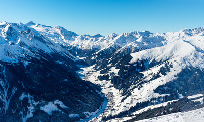Panorama view from the Penken Mountain, Mayrhofen ski resort , into the Tuxer Valley and to the...